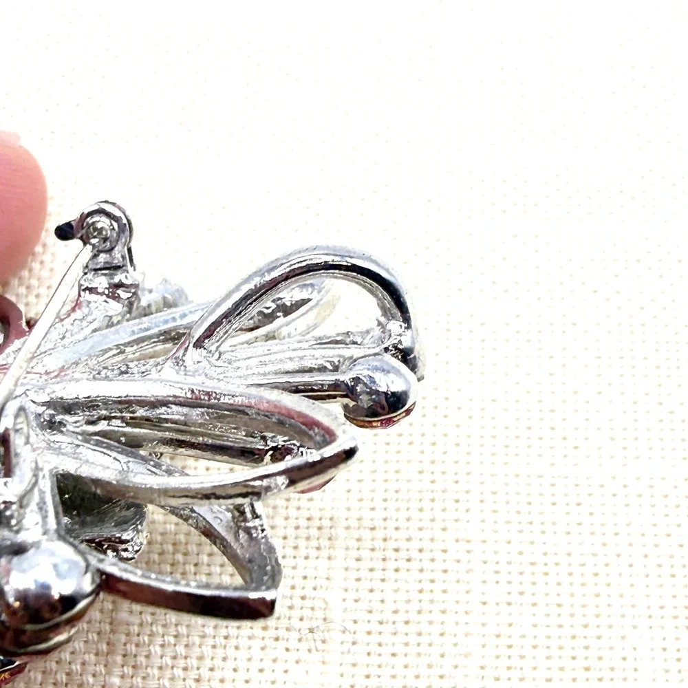 Vintage Retro Silver Tone Sparkling Pink Rhinestone Floral Brooch Pendant
